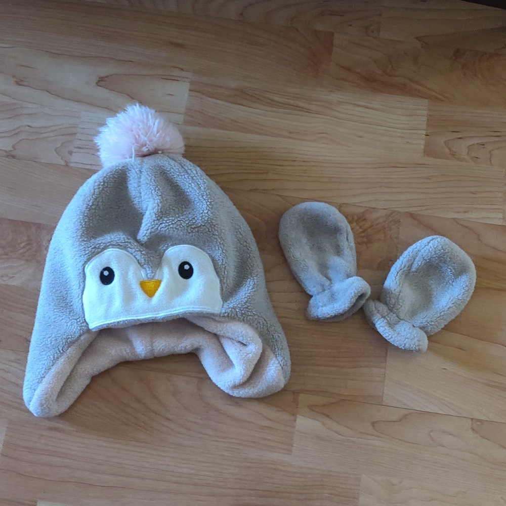 Taupe Penguin Fleece Hat and Mittens